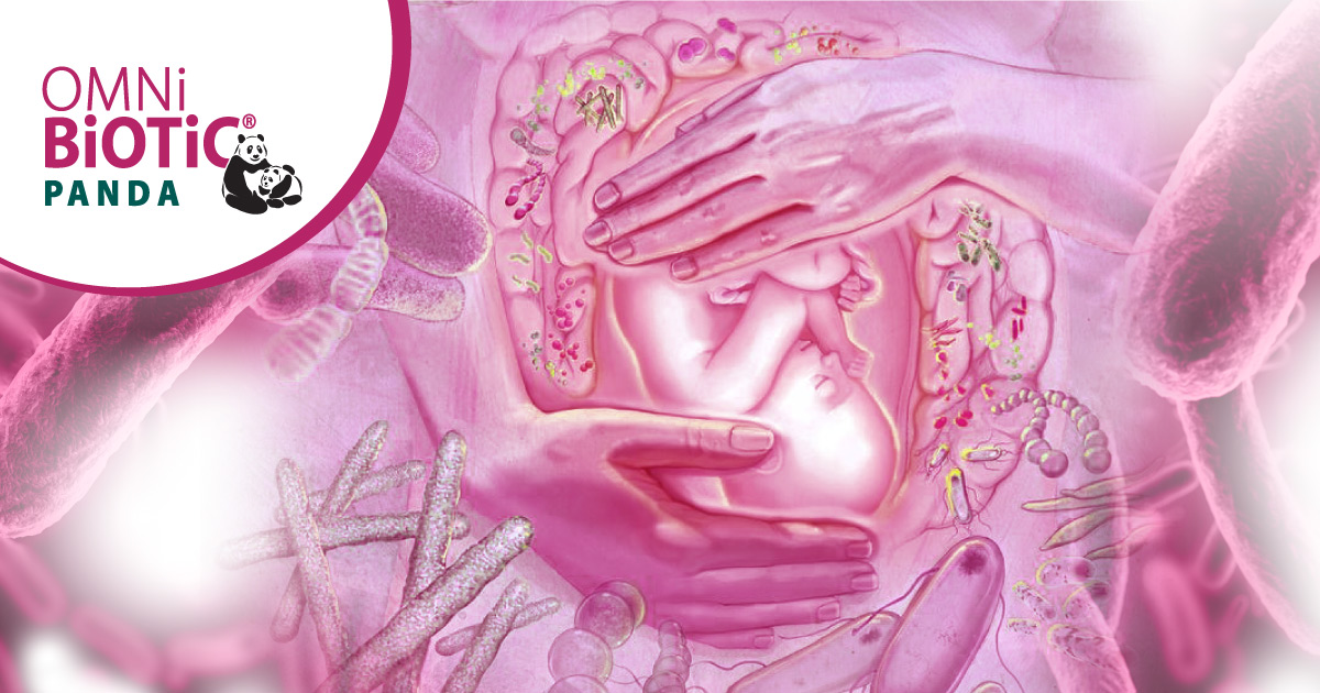 Ilustrație: bebeluș în burtica mamei, înconjurat de bacteriile intestinale